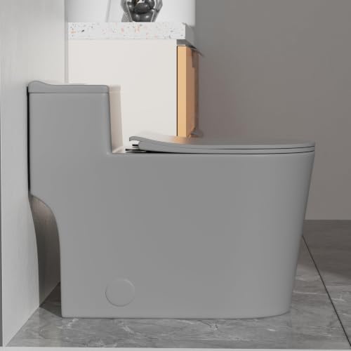 Inodoro monoblock gris alargado, altura cómoda, doble descarga | Asiento UF duradero, tapa con cierre suave silencioso, descarga eficiente, acabado cerámico gris para baños modernos miniatura 6