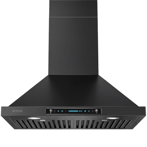 Image of IKTCH 30 inch Black Wall Mount Range Hood, 900 CFM Ducted /Ductless Stainless Steel Vent Hood with Gesture Sensing & Touch Control Switch Panel, 2 Pcs Adjustable Lights