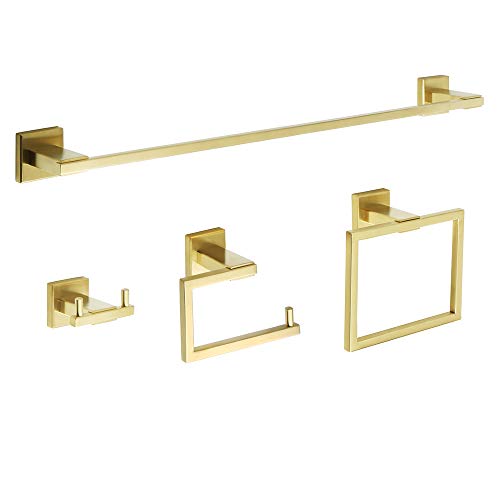 Alise GK9000G-SET Bathroom 4-Piece Accessory Set,Towel Bar Towel Hook Towel Ring and Toilet Paper Holder Wall Mount,SUS 304 Stainless Steel Brushed Golden Finish