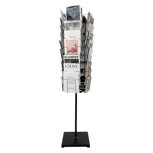 TONGMO 36-Pocket Rotating Magazine Rack Stand, Floor Spinner Display for Magazines, Comic Books, Brochures, A4 Organizer for Office, Bookstore, Home, Reception