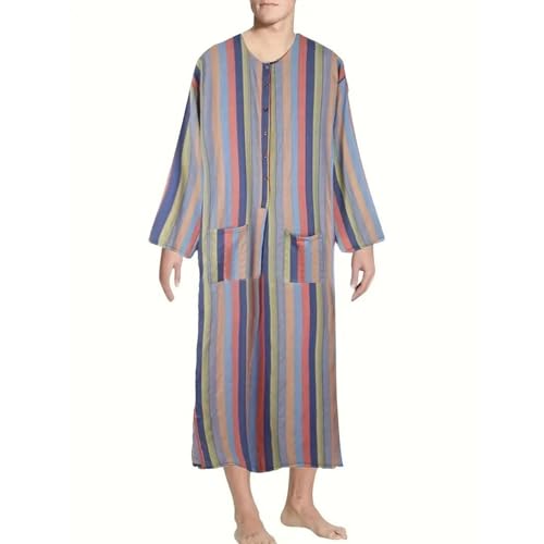 Men's Kaftan Thobe Striped Nightshirt for Men Long Sleeves Button Down Nightgown Henley Sleep Shirt with Pockets