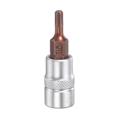 Image of sourcing map T15 Torx Bit Socket 1/4" Square Drive Metric S2 & CR-V Steel Socket Ratchet Wrench Industrial Grade Bits, Silver Red