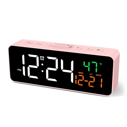 Netzu 3-in-1 Digital Clocks for Living Room with Temperature, Date & Time Display - 4 Levels Birghtness, 3 Volumes, Small & Compact Plug-in Alarm Clock for Bedroom Pink