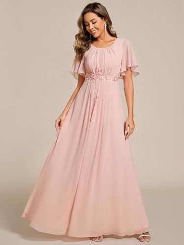 Image of Ever-Pretty Women's Classic Round Neck Pleated Short Sleeves Chiffon Appliques Floor Length A Line Formal Evening Dresses