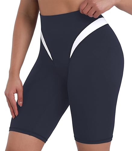 Sunzel Women's Color Block Biker Shorts - 9" High Waist Tummy Control Yoga Workout Stretchy Shorts for Gym Running Athletic Ash Blue White X-Large