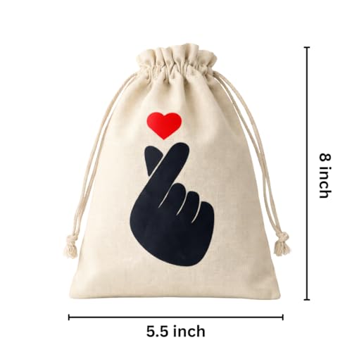 Image of Korean Kawaii Love Sign Potli Bags - Set of 10 Cotton Drawstring Gift Pouches for Return Gifts, Wedding Favors, Party Giveaways, Jewelry Packaging, Festive Gift Packing Bags