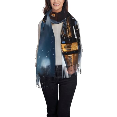 Winter Christmas Snow Night Railway Train Print Tassel Scarf For Women Men,Soft Scarf Shawl For Winter Fashion, Lightweight Scarf Shawl2