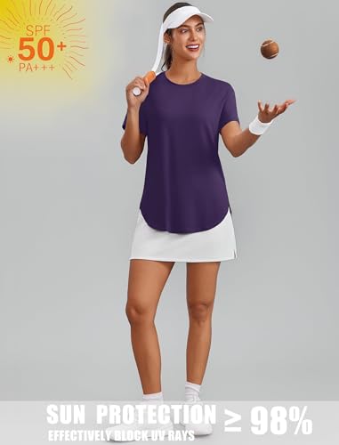 PINSPARK T Shirt Damen Sport Top Gym Oberteil Yoga Rundhals Kurzarm Laufshirts Funktionsshirts Tennis Golf Lila L