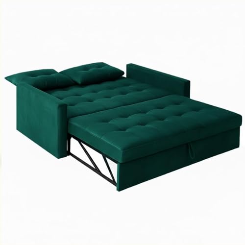 Image of FURNY Trissa 2 Seater Fabric Pull-Out Sofa Cum Bed Velvet Fabric Tealish Green | Modern Design | Living Room Furniture | Modern Stylish Sofa for Home