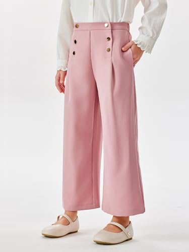 Image of Haloumoning Girls Wide Leg Pants Kids Fashion Elastic Waist Front Button Trousers with Pockets 5-14 Years
