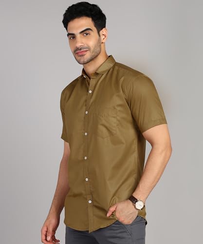 Image of MILDIN Men's Cotton Blend Solid Shirt with Spread Collared Half Sleeve Curved Hemline Button Closure Regular Fit and One Pocket | Half Sleeve Shirt for Men