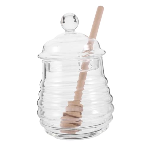 Luxshiny 1 Set Lidded Glass Honey Pot with Dipper Transparent Food Storage Container for Honey Syrup and Dry Food Practical Kitchen Canister with Simple Design