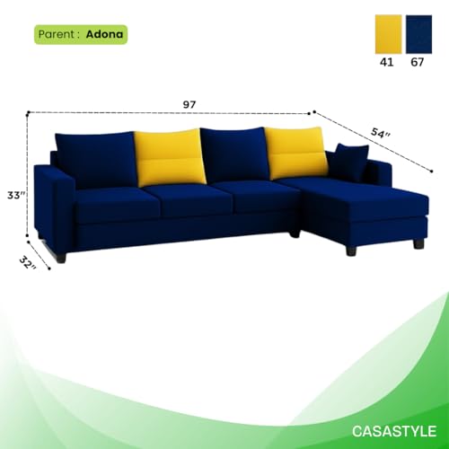 Image of CASASTYLE Texon 5 Seater Fabric RHS L Shape Sofa Set (Yellow-Dark Blue) Velvet Finish | Comfortable Sectional Sofa Set