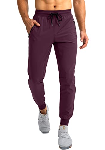 Pudolla Men's Lightweight Jogger Pants Workout Gym Running Pants With Zipper Pockets For Athletic Casual(Wine Small) #TOP1