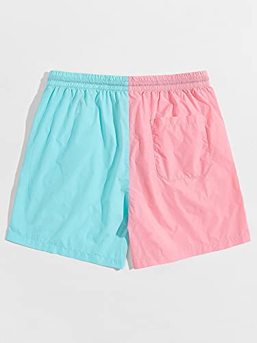 Romwe Men's Colorblock Shorts Drawstring Elastic Waist Workout Track Shorts With Pockets Pink Blue L #TOP1