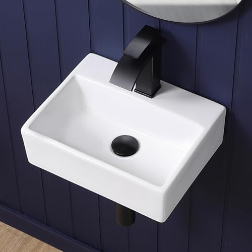 KMOEM Wall Mount Bathroom Vessel Sink 15'x12' Rectangular Floating White Porcelain Ceramic Wall Hung...