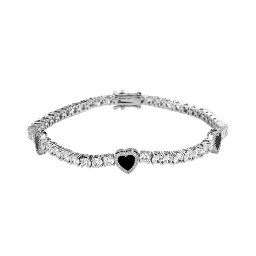 OYOGAA Heart Tennis Bracelets for Women 14K Golden Plated 4MM Ankle Bracelets for Women Pink Black Cubic Zirconia Heart Bracelet Charms Matching Bracelets for Couples (Silvery Black 7 inch)