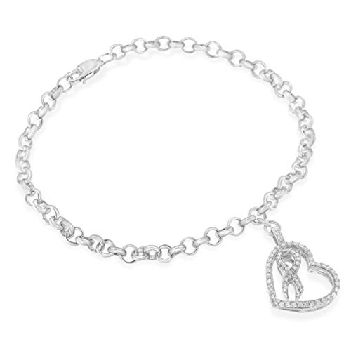 Original Classics .25 Sterling Silver 1/4 Cttw Diamond-Accented Heart and Ribbon Charm 7" Link Chain Bracelet (H-I Color, I1-I2 Clarity)