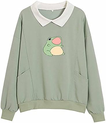 KIEKIECOO Cute Aesthetic Frog Sweatshirt for Teen Girls Kawaii Cartoon Graphic Hoodie Womens Preppy Cotton Pullover Sweaters(Green,Large)