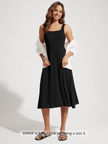 Image of ODODOS Square Neck Midi Dress with Pockets for Women Summer Casual Sleeveless Sundress Flare Tank Dress