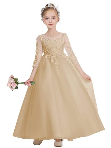 Elegant Tulle Flower Girl Dress A Line Applique First Communion Dresses with Sleeves Pageant Princess Party Gowns