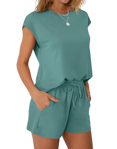 Image of WIHOLL Two Piece Sets for Women Summer Crew Neck Lounge Short Sets Cap Sleeve Drawstring Sweatsuit with Pocket