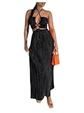 OYOANGLE Women's Cut Out Front Criss Cross Halter Dress Tie Backless Pleated Formal Maxi Dresses Black Medium