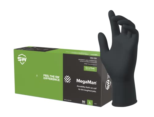 SW Safety EcoTek MegaMan Nitrile Exam Gloves, 10.1mil Thick, Fentanyl & Chemo Drug Rated, Abrasion Resistant, Sweat Absorbing, Lasts 3x longer, Dermatologist Approved, 50Ct