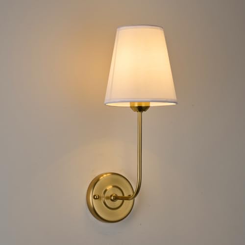 Image of PASSICA Wall Sconces Set of 2, Electroplated Gold Wall Sconces with White Fabric Shade, Hardwired Curved Arm Wall Lighting Fixtures for Bedroom, Bathroom Vanity, Living Room, Hallway, Farmhouse Decor