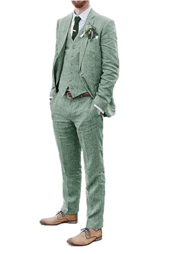 Herren-Anzüge aus Leinen, für Strand, Hochzeit, 3-teilig, für Trauzeugen, Kleidung, Leinen, Blazer, Weste, Hose, Abschlussball, Smoking, Hellgrün, L
