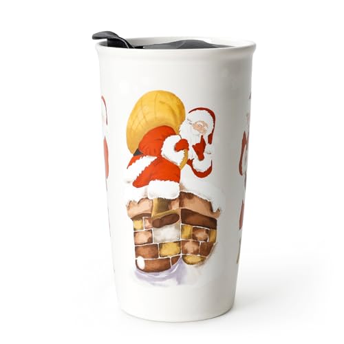 ANTIS'S HOME Ceramic Travel Mug with Lid, Christmas Gifts, Santa Claus Pattern Double Wall Coffee Mug Tumbler, Reusable Cup 10oz, Dishwasher Microwaveable Safe(Santa in Action)