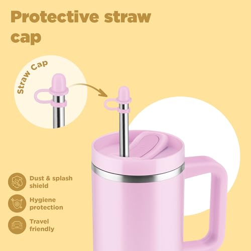 Image of MILTON Malmo 1200 Thermosteel Double Wall Vacuum Insulated Stainless Steel Water Tumbler with Handle 1100ml,Travel Mug with Straw,Silicon Cap,Cleaning Brush,Hot & Cold Beverage Flask,Pink