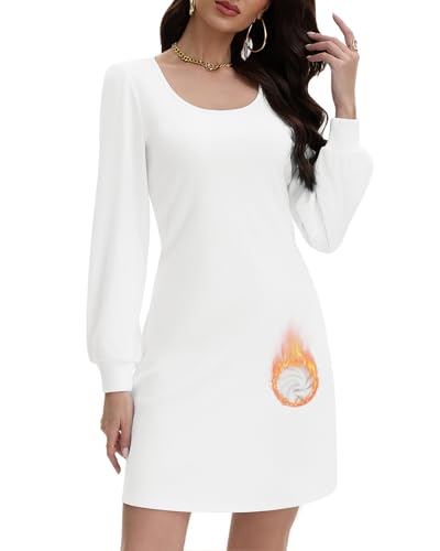 WOWENY Strickkleid Damen Elegant Langarm Warm Pulloverkleid Herbst Winter Puffärmel Kleid A-Linie Weich Lässig Kleider(Weiß,S)