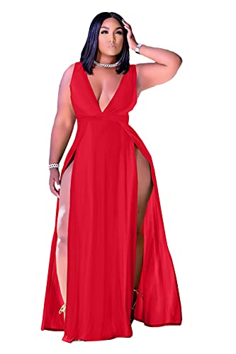 Image of Women's Plus Size Maxi Wrap Dress Sleeveless Deep V Neck Split Dress | Elegant front slit,formal evening, party,club,side split,sleeveless maxi dress