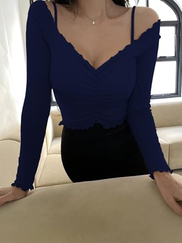 Image of Sugathari Women's Purple Solid Colour Open Cold Off Shoulder Long Sleeve Lettuce Hem Casual Autumn Trim Tight- Slim Fitting Ruched Front Ladies' Camisole Top, Tee, T-Shirt (T-Shirt 184)