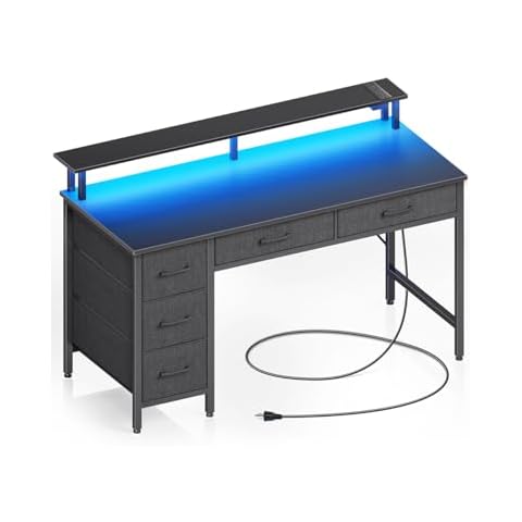 Seventable Computer Desk with Power Outlets & LED Light, 55 inch Home Office Desk with 5 Drawers, Writing Desk with Monitor Stand, Work Desk for Home Office, Black Cover