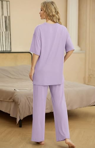 Image of PrinStory Womens Pajamas Sets 2 Piece Lounge Set Short Sleeve Tops and Long Pants Soft Pjs Loungewear with Pockets