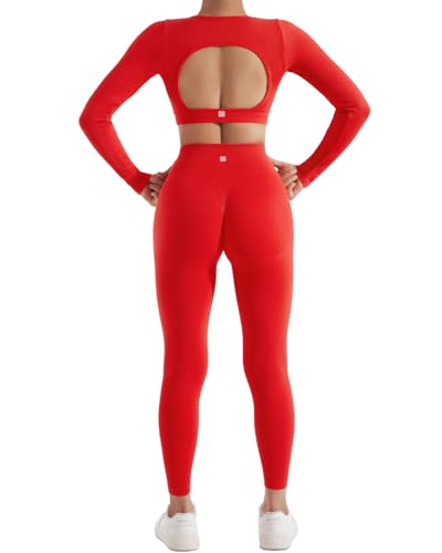 SUUKSESS Open Back Long Sleeve Scrunch Butt Booty Leggings Seamless Ribbed Workout Sets 2 Piece Outfits - Image 5