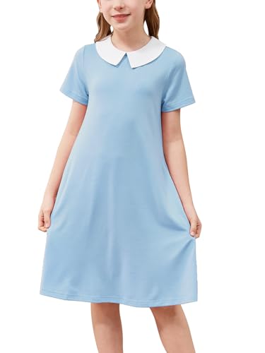 GORLYA Girls Vintage Collar Casual Loose Straight Swing T-Shirt Dress with Pockets 4-14Y(GOR1206 10Y Light Blue)