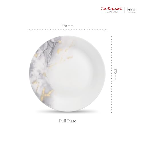 Image of La Opala Diva Pearl Collection Opal Glass Crockery | Full Plate Set of 6 | Twilight Clouds Design | for Dining & Gifting | Microwave Safe | 100% Vegetarian | Extra Strong | Super Light & White