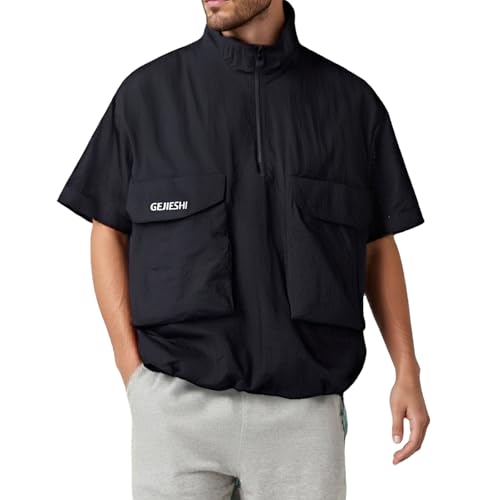 FASLOLSDP Chubasquero para hombre, cortavientos, impermeable, plegable, fina, chaqueta de senderismo, chaqueta para exteriores, chaqueta de entretiempo con cuello alto, chaqueta bomber de manga corta