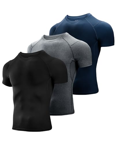 Niksa 3 Stück Kompressionsshirt Herren,Laufshirt Herren Kurzarm mit Unterarm Mesh kurzärmliges Funktionsshirt Atmungsaktiv Sportshirt Männer für Running Workout Fitness Schwarz,Grau,Marine,L