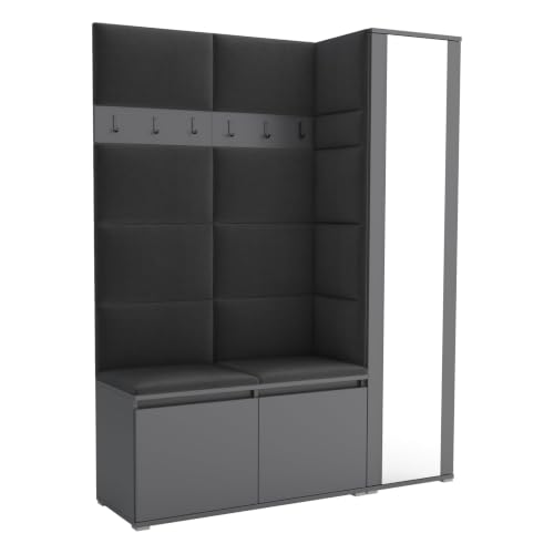 Brent - Garderobenschrank Flur Grau mit sitzbank 145 cm Breit Luton 7 - Multifunktionale Flurgarderobe Set mit Stauraum und Wandpaneel Garderobe mit Sitzfläche und Kleiderhaken