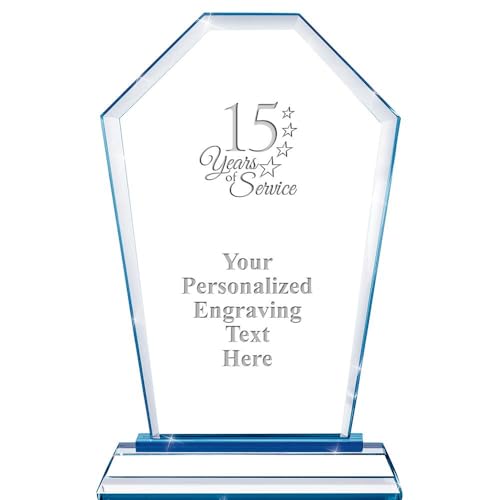 Crown Awards Personalized 15 Years of Service Employee Crest Blue Base Custom Engraved Crystal Trophy Award