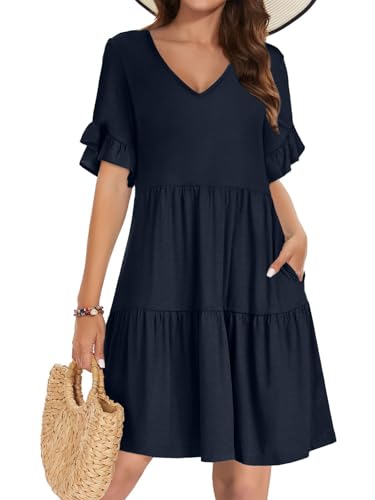 Summer Dresses for Women 2025 Loose V Neck Ruffle Sleeve Tiered Flowy Casual A Line Mini Beach Dress with Pockets