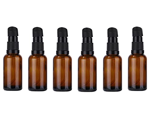 6 Botellas de 1 Onza 30 ml vacías Recargables de Vidrio ámbar con Bomba de Prensa para Maquillaje, Crema Facial, Limpiador Facial, artículos de tocador, tóner, líquidos