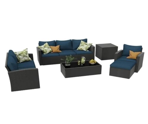 Image of 7 Seater Conversation Wicker Sofa Set with Center Table and Side Table, Outdoor Patio Furniture Set with Cushions for Poolside, Garden, Balcony, and Terrace.(Dark Brown and Nevy Blue)