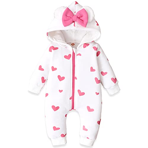 Image of AMAWMW Newborn Baby Girl Winter Outfit Hooded Jumpsuit Infant One Piece Romper Baby Warm Snowsuit Clothes Gifts Set