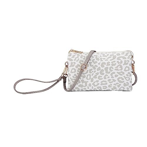 JEN & CO. Riley Vegan Leather Wristlet, Womens, Small Clutch, Adjustable, Detachable Strap, Convertible Crossbody, Shoulder Handbag, Purse - Pale Grey Cheetah