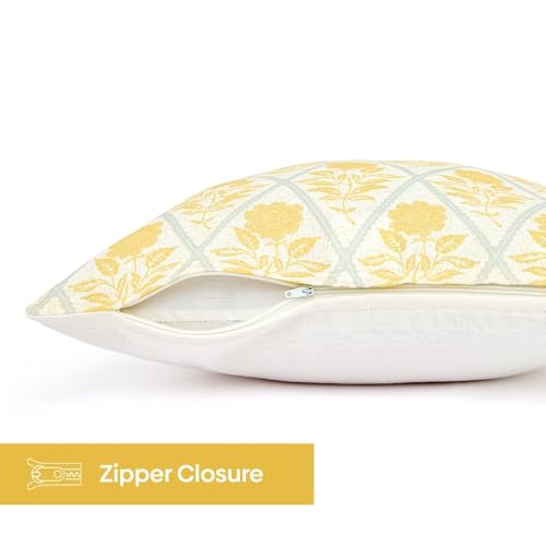 Image of haus & kinder 100% Cotton Cushion Covers Set of 5 | Digital Printed Yellow & Grey Floral Geometric Design | 40 x 40 cm (16x16 Inch) Decorative Throw Pillow Covers for Sofa, Living Room & Bedroom